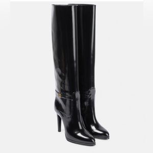 SAINT LAURENT Diane Buckled Glossed Leather Knee Height Boots